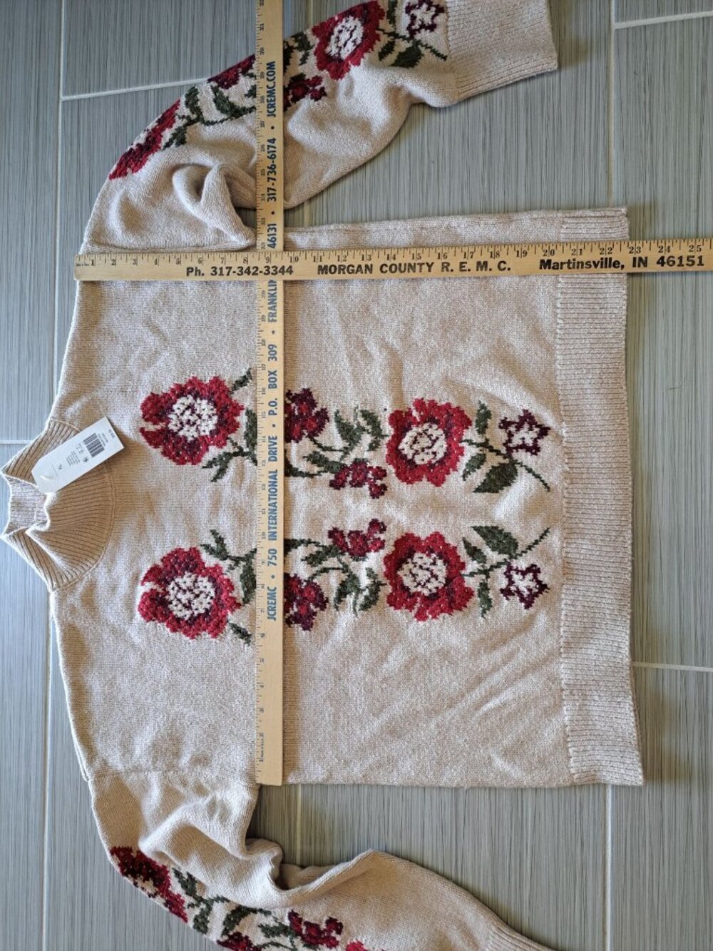 New Wonderly XL Tan Floral Knit Sweater Cottage Coquette Tags Mock Neck Winter - Picture 10 of 14